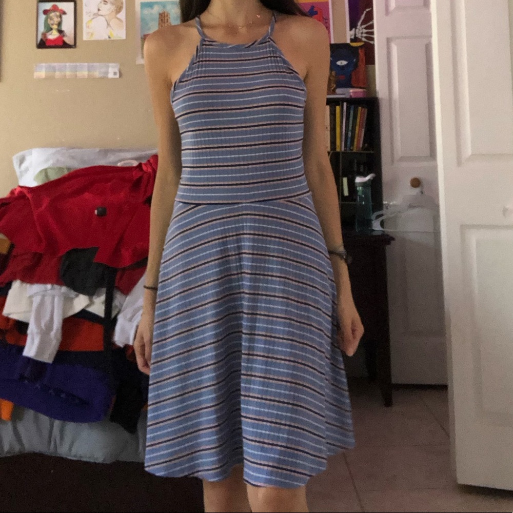 Multicolor striped, flowy dress.
